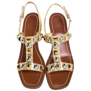 Tory Burch Natalie Gold & Silver Studded Leather Sandals Sz 5 M Block Heel